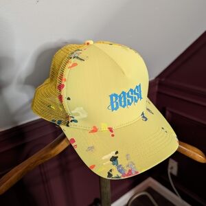 BOSSI Yellow Logo Graphic Paint Spattered Snapback Trucker Hat